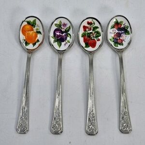 Vintage Avon Set Of 4 Fruit Jelly Jam Small Enamel Collectible Kitchen Spoons